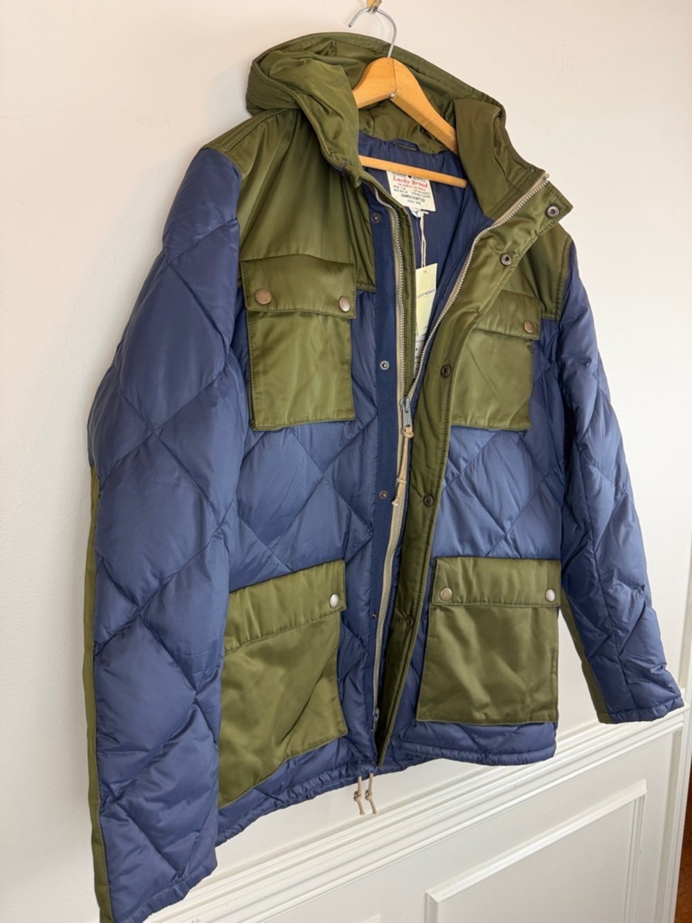 Lucky Brand Men’s XL Diamond Quilted Hooded Parka Blue/Green NWT